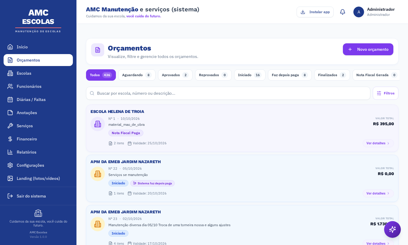 Lista de orçamentos com filtros rápidos por status, data e escola.
