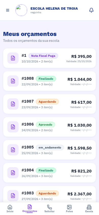 Lista completa: nº, data, status, valor e NF — tudo rastreável.