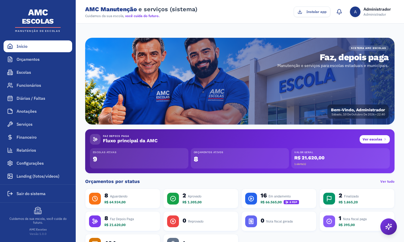 Dashboard administrativo com estatísticas por status, FDP e NF.
