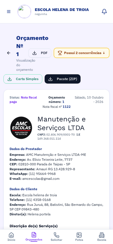 Detalhe do orçamento com PDF, pacote ZIP e concorrências.